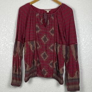 Lucky‎ Brand Peasant Top Womens Medium Burgundy Maroon Blouse Boho Southwestern